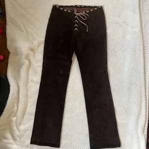 Jules brown suede straight leg tie pants